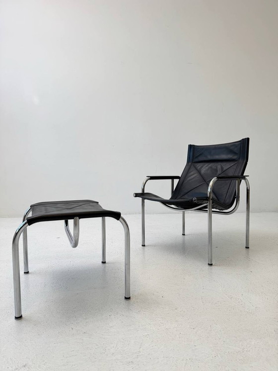 Image 1 of Black Mid - Century 1127 Leather Armchair by Strässle, 1960s With Ottoman