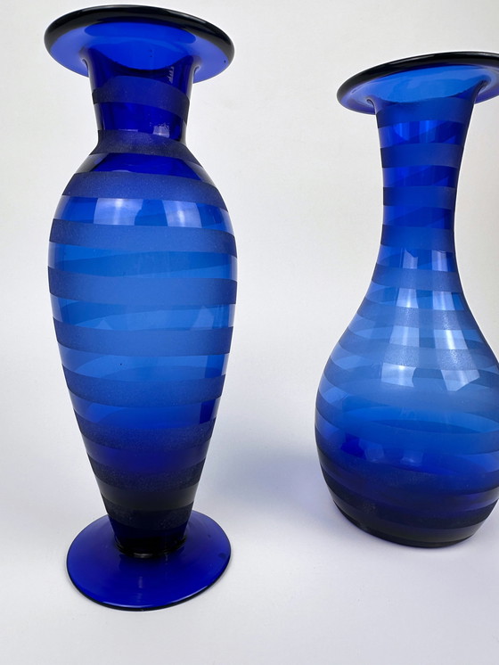 Image 1 of Vase Set Cobalt Blue Stripe Swirl Postmodern 90s Vintage Frosted Satin Y2K