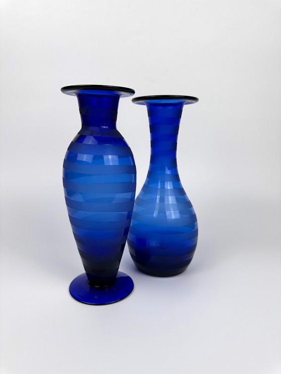 Image 1 of Vase Set Cobalt Blue Stripe Swirl Postmodern 90s Vintage Frosted Satin Y2K