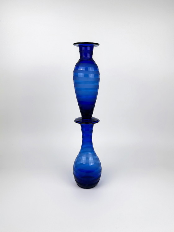 Image 1 of Vase Set Cobalt Blue Stripe Swirl Postmodern 90s Vintage Frosted Satin Y2K