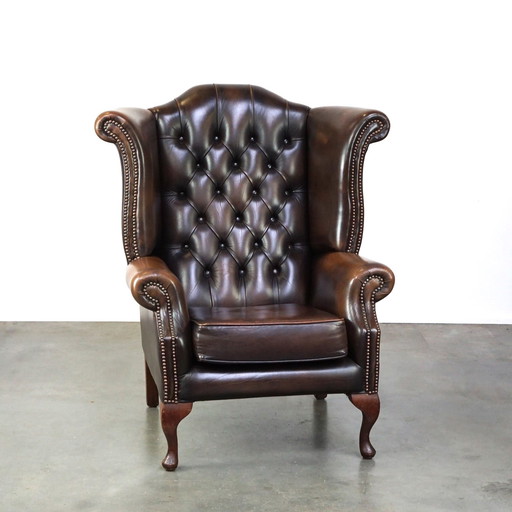 Fauteuil d'oreille Chesterfield anglais en cuir de vachette marron foncé