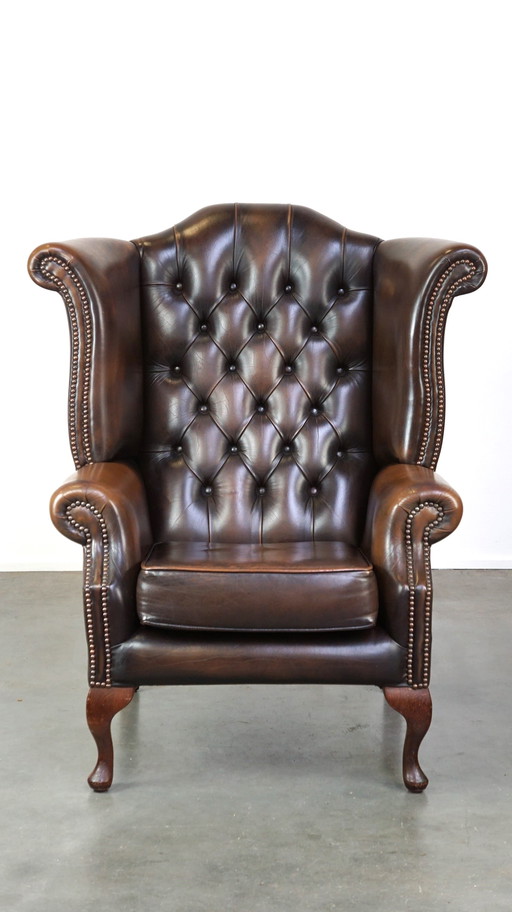 Fauteuil d'oreille Chesterfield anglais en cuir de vachette marron foncé