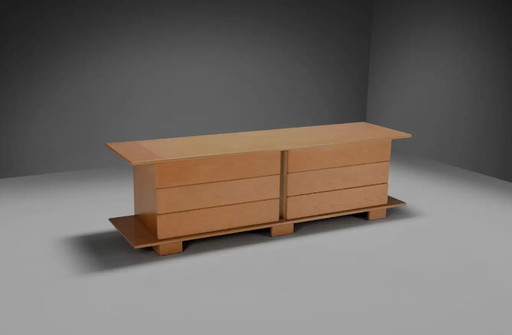 1970 Italian Sideboard in Beech Veneer with Six Drawers (buffet italien en placage de hêtre avec six tiroirs)