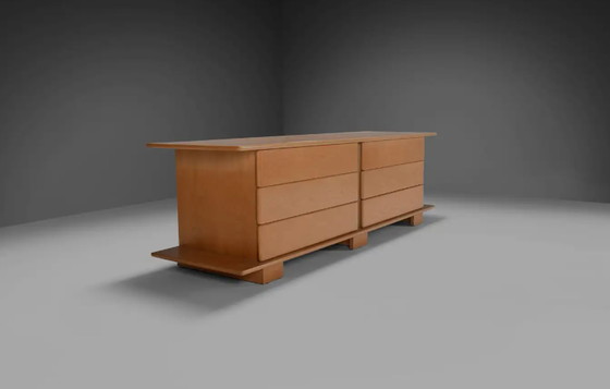 Image 1 of 1970 Italian Sideboard in Beech Veneer with Six Drawers (buffet italien en placage de hêtre avec six tiroirs)