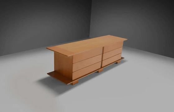 Image 1 of 1970 Italian Sideboard in Beech Veneer with Six Drawers (buffet italien en placage de hêtre avec six tiroirs)