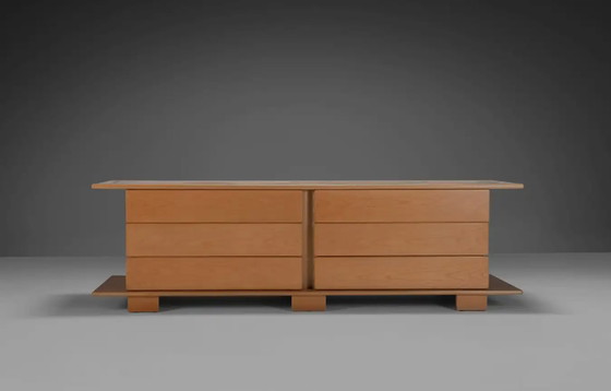 Image 1 of 1970 Italian Sideboard in Beech Veneer with Six Drawers (buffet italien en placage de hêtre avec six tiroirs)