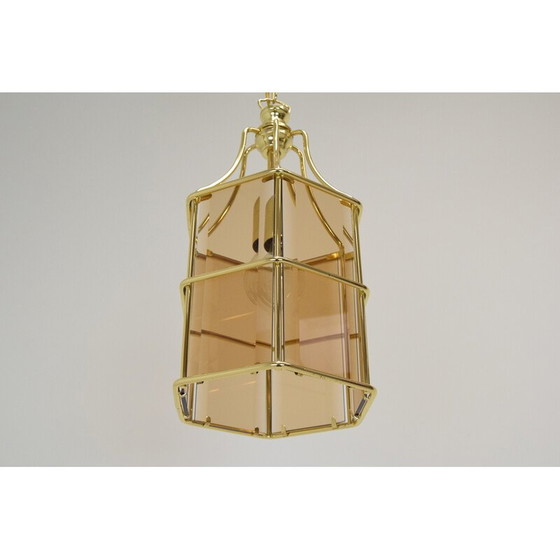 Image 1 of Lampada a sospensione in vetro fumé e ottone di metà secolo, Cecoslovacchia, anni '80