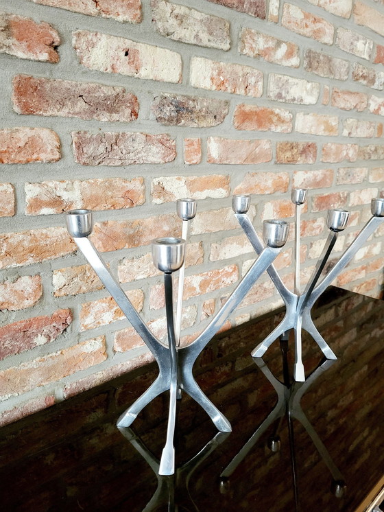 Image 1 of Mid - Century Aluminum Modular Candlestick Set, 1980s