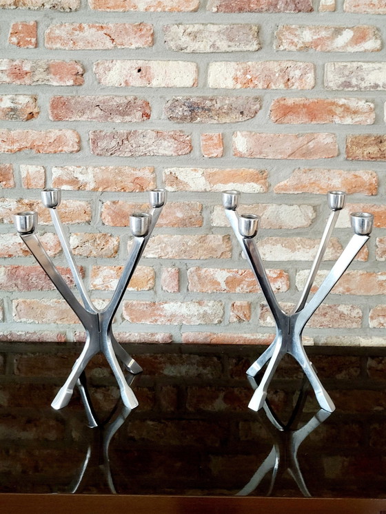 Image 1 of Mid - Century Aluminum Modular Candlestick Set, 1980s