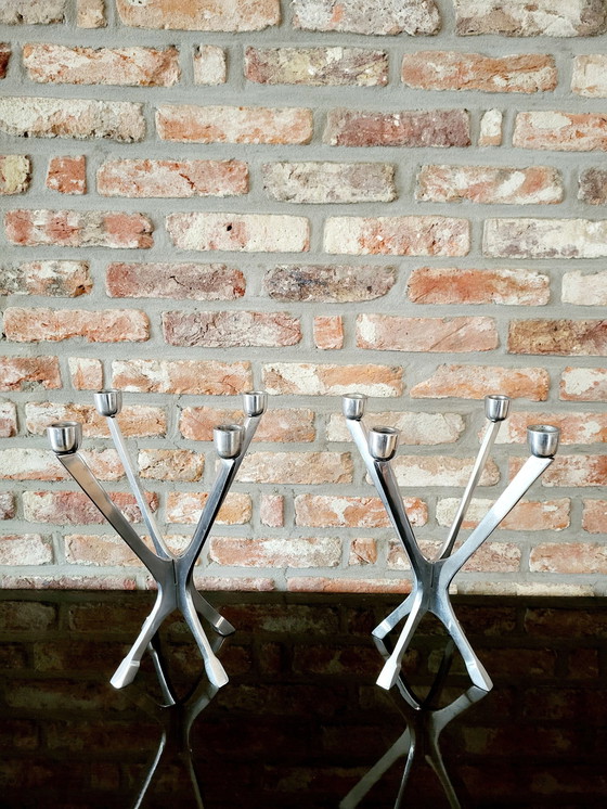 Image 1 of Mid - Century Aluminum Modular Candlestick Set, 1980s