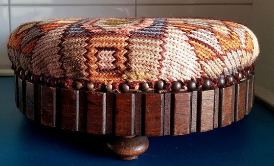 Image 1 of Vintage Wood & Wool Pouf