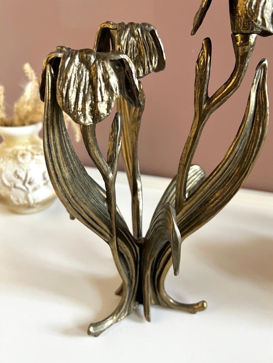 Image 1 of Art Nouveau Candlestick In Bronze Iris Fleur De Lis