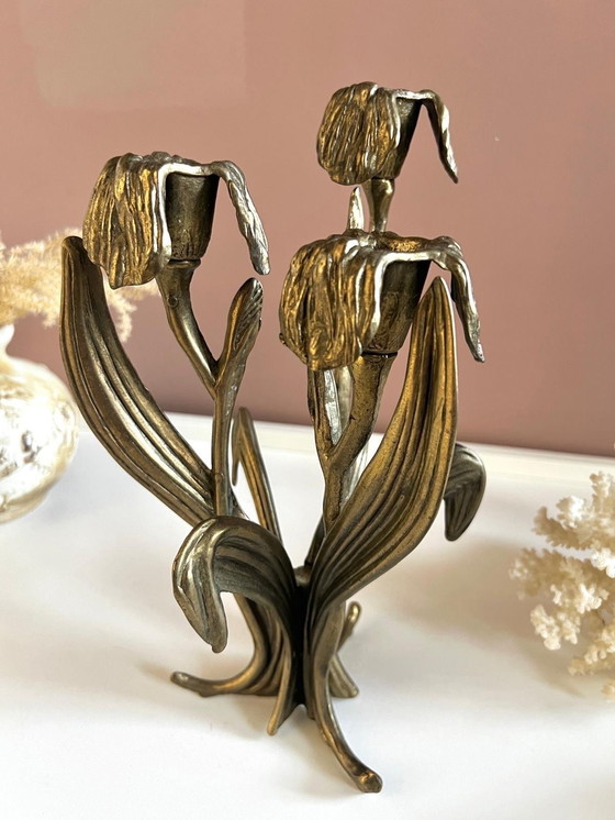 Image 1 of Art Nouveau Candlestick In Bronze Iris Fleur De Lis