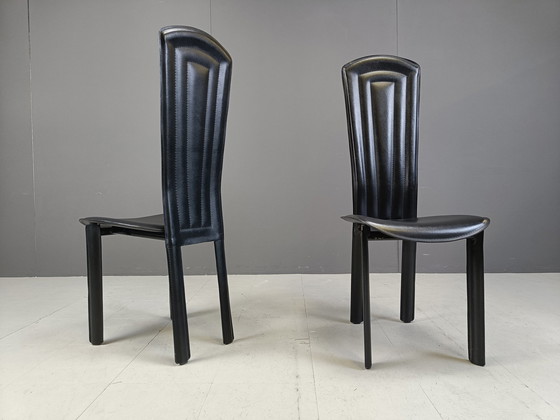 Image 1 of Set Of 4 High Back Leather Dining Chairs, 1980S 