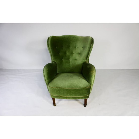 Image 1 of Vintage Danish armchair in green velvet, 1950s