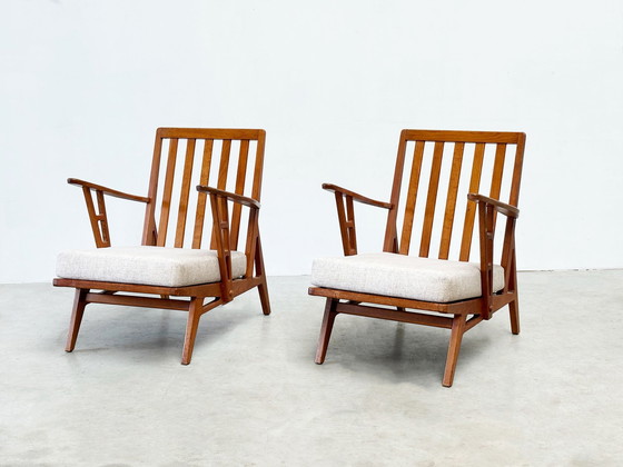 Image 1 of set of two oak 1950's French lounge chairs