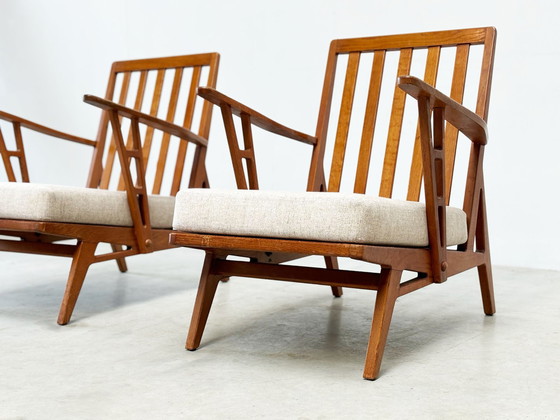 Image 1 of set of two oak 1950's French lounge chairs