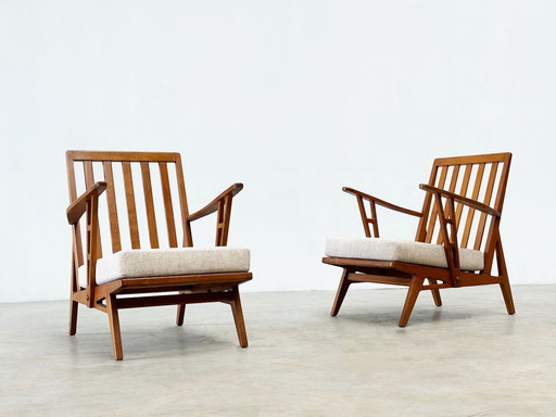 set of two oak 1950's French lounge chairs