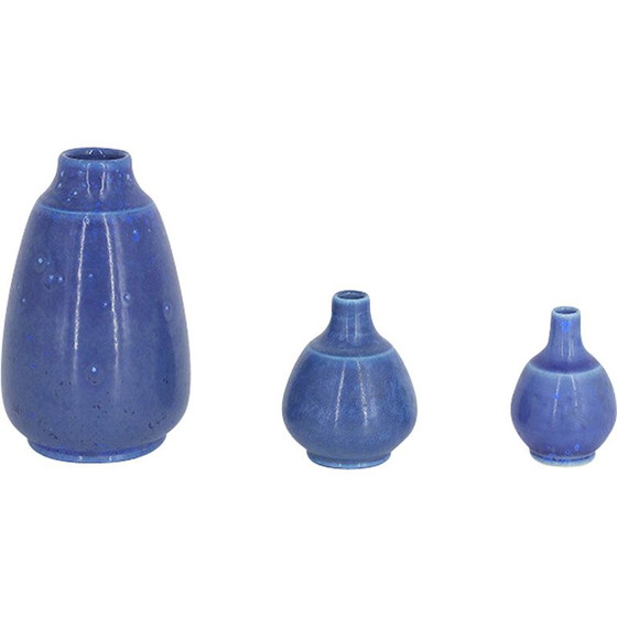 Image 1 of Set of 3 vintage blue stoneware vases by Gunnar Borg for Gunnars Keramik Höganäs, Sweden 1960