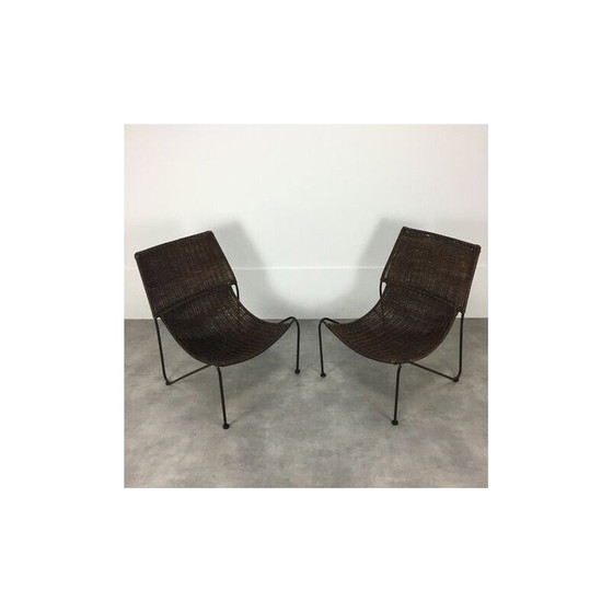Image 1 of Pair of vintage rattan and steel wire armchairs by Frederick Weinberg