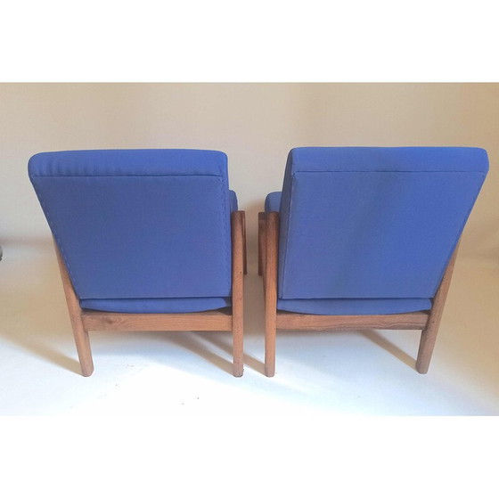 Image 1 of Pair of vintage armchairs in solid teak and blue fabric, 1950