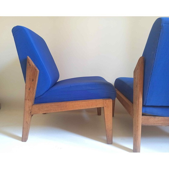 Image 1 of Pair of vintage armchairs in solid teak and blue fabric, 1950
