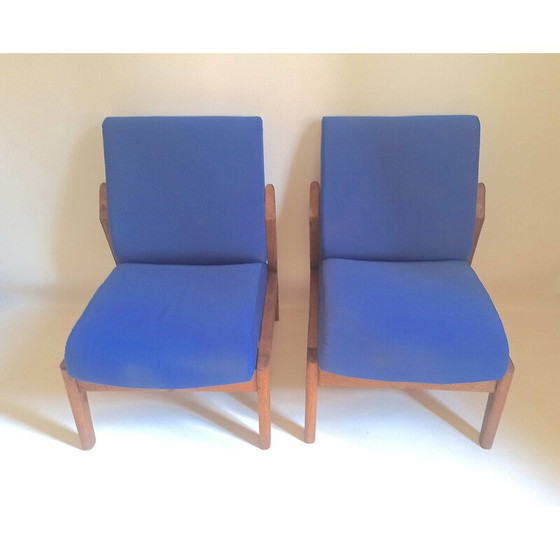 Image 1 of Pair of vintage armchairs in solid teak and blue fabric, 1950
