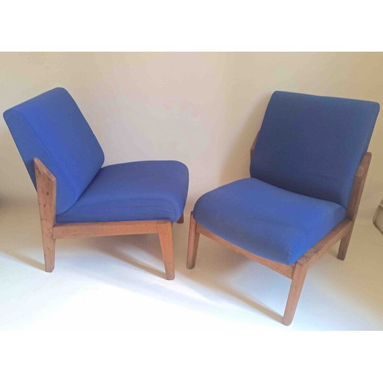 Image 1 of Pair of vintage armchairs in solid teak and blue fabric, 1950