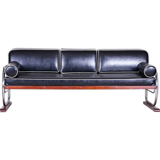 Vintage black leather and chrome sofa for Slezák, Czechia 1930