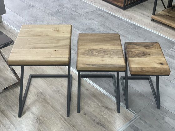 Image 1 of bois massif table d'appoint table basse set de 3 tables design industriel