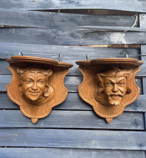 Pair Of Neo Gothic Carved Wood Wall Brackets