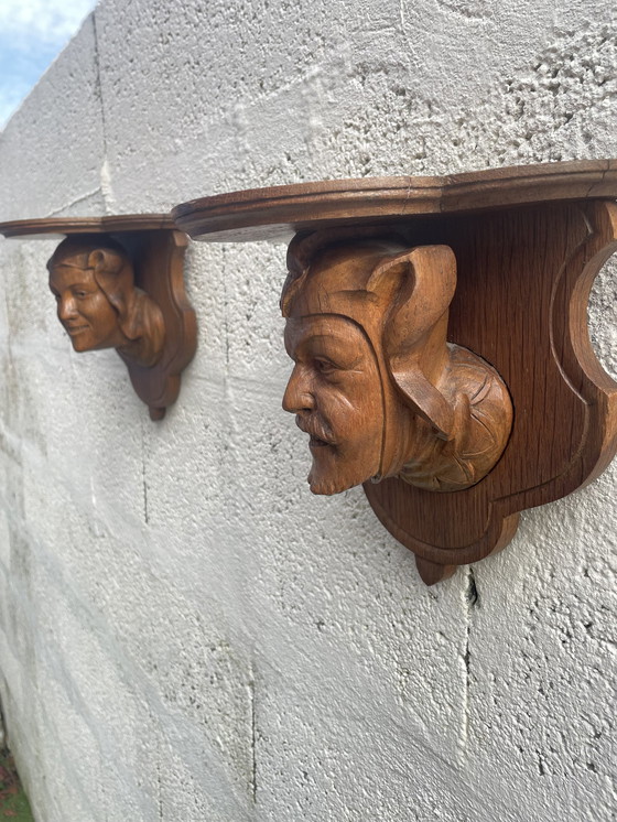 Image 1 of Pair Of Neo Gothic Carved Wood Wall Brackets