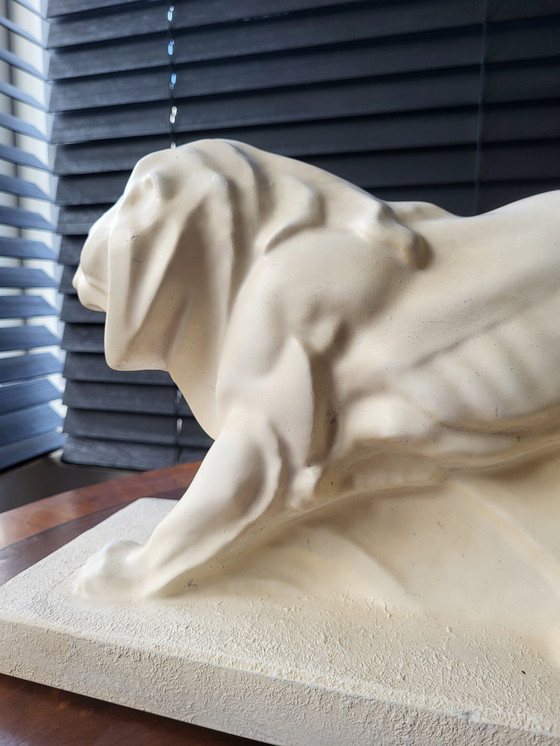 Image 1 of Art Deco White Statue Lion, Plaster, Lejan, Peugeot, France, 1930s