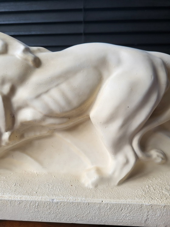 Image 1 of Art Deco White Statue Lion, Plaster, Lejan, Peugeot, France, 1930s