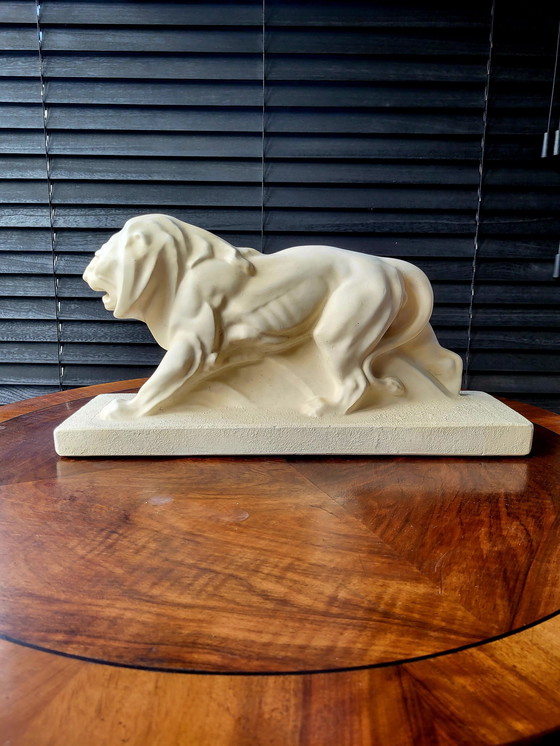 Image 1 of Art Deco White Statue Lion, Plaster, Lejan, Peugeot, France, 1930s