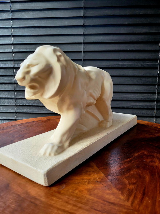 Image 1 of Art Deco White Statue Lion, Plaster, Lejan, Peugeot, France, 1930s