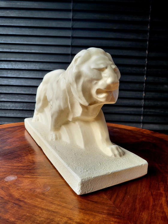 Image 1 of Art Deco White Statue Lion, Plaster, Lejan, Peugeot, France, 1930s