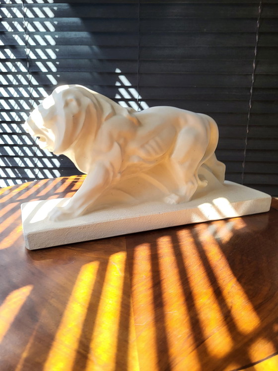 Image 1 of Art Deco White Statue Lion, Plaster, Lejan, Peugeot, France, 1930s