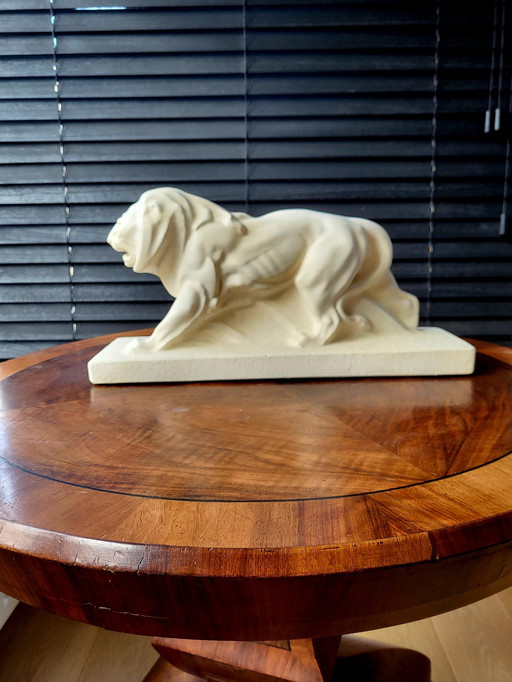 Art Deco White Statue Lion, Plaster, Lejan, Peugeot, France, 1930s