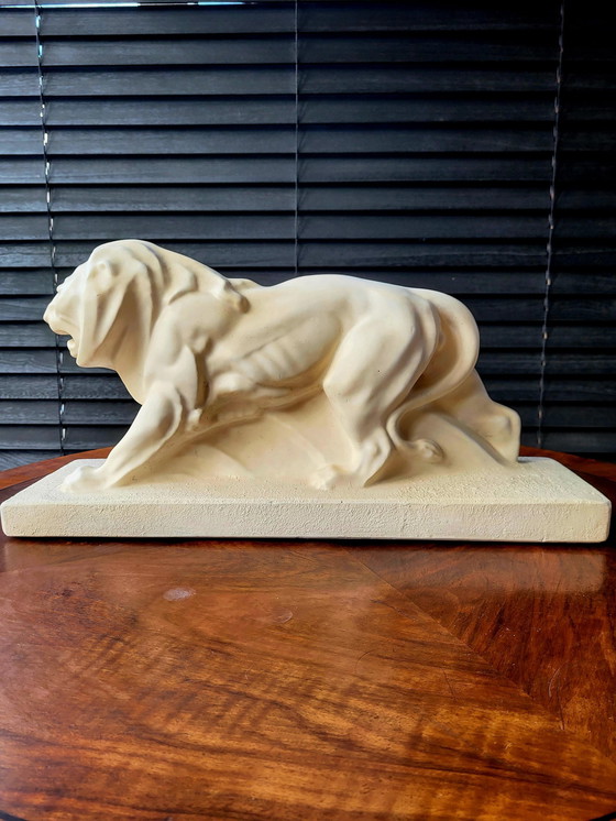 Image 1 of Art Deco White Statue Lion, Plaster, Lejan, Peugeot, France, 1930s