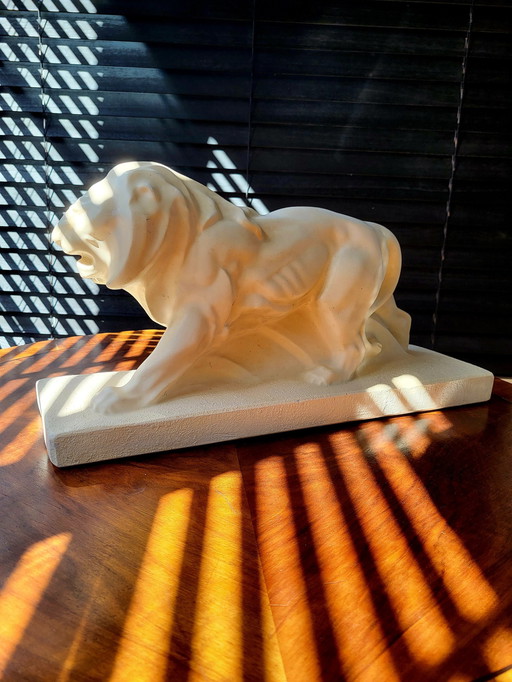 Art Deco White Statue Lion, Plaster, Lejan, Peugeot, France, 1930s