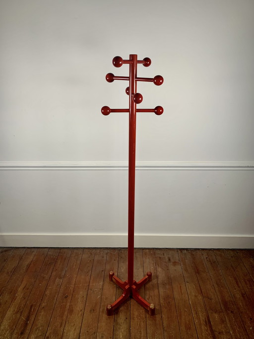 Postmodern Coat Rack In Red Lacquered Beech, Italy, 1980S