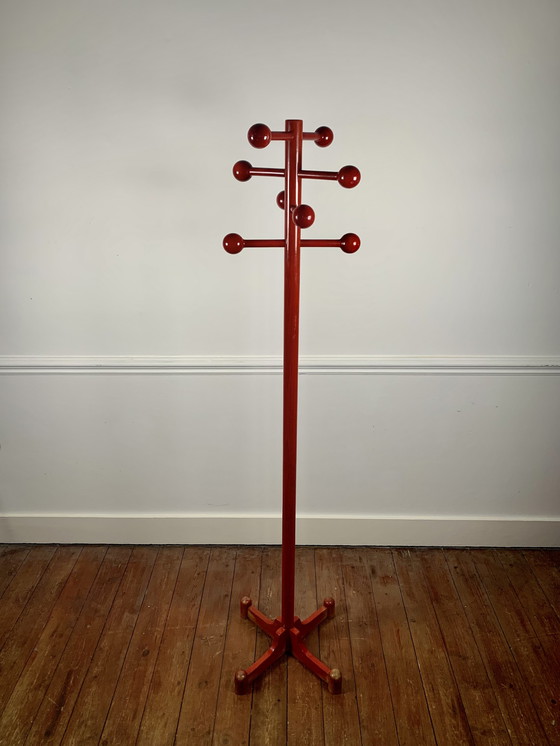 Image 1 of Postmodern Coat Rack In Red Lacquered Beech, Italy, 1980S