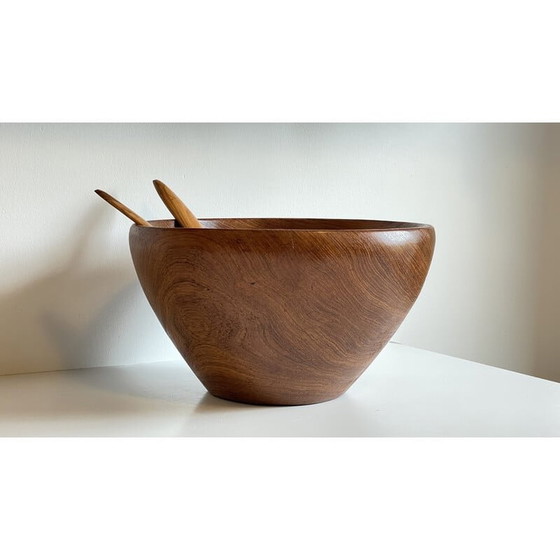 Image 1 of Vintage salad bowl and cutlery in teak wood