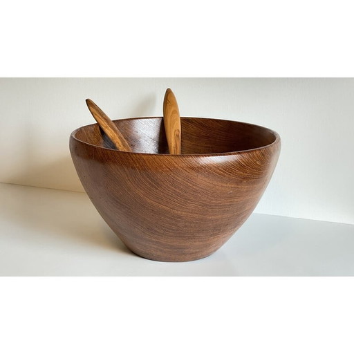 Vintage salad bowl and cutlery in teak wood