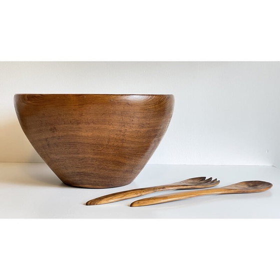 Image 1 of Vintage salad bowl and cutlery in teak wood