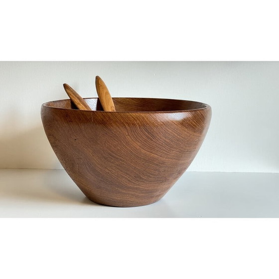 Image 1 of Vintage salad bowl and cutlery in teak wood