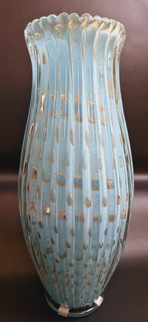 50'S Alfredo Barbini Murano Glass Opaline Large Vase With Controlled Bubbles And Gold Leaves 