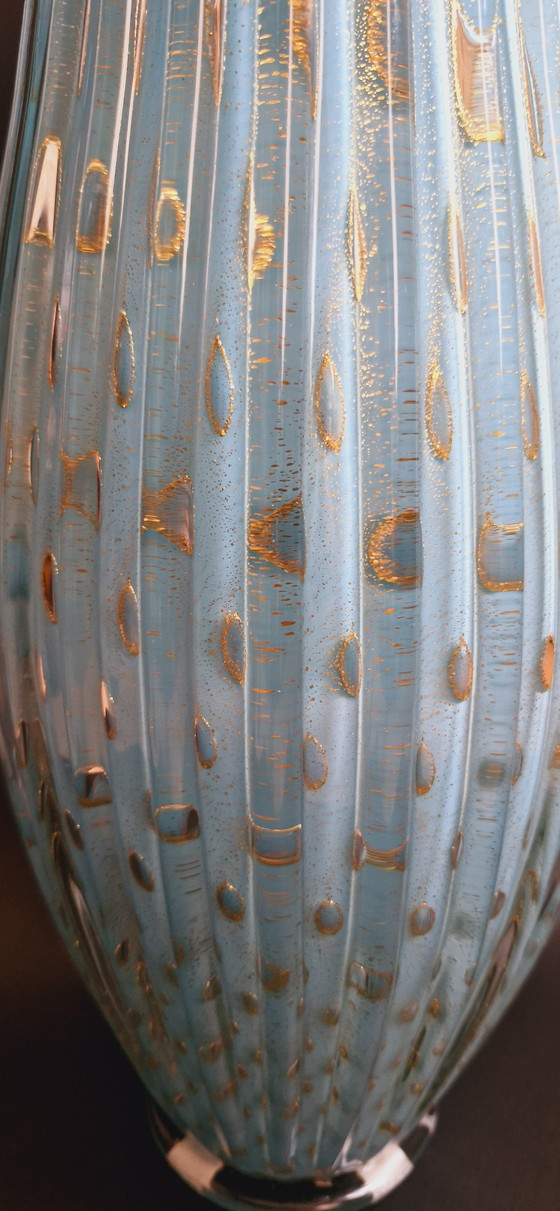 Image 1 of 50'S Alfredo Barbini Murano Glass Opaline Large Vase With Controlled Bubbles And Gold Leaves 