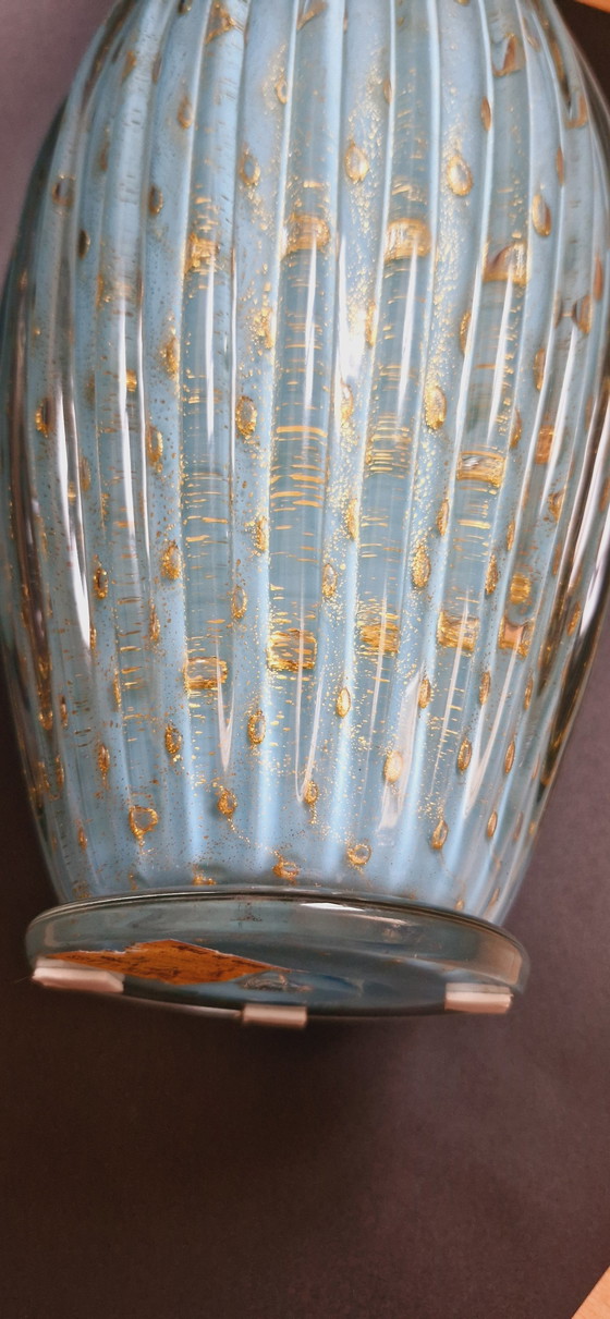 Image 1 of 50'S Alfredo Barbini Murano Glass Opaline Large Vase With Controlled Bubbles And Gold Leaves 